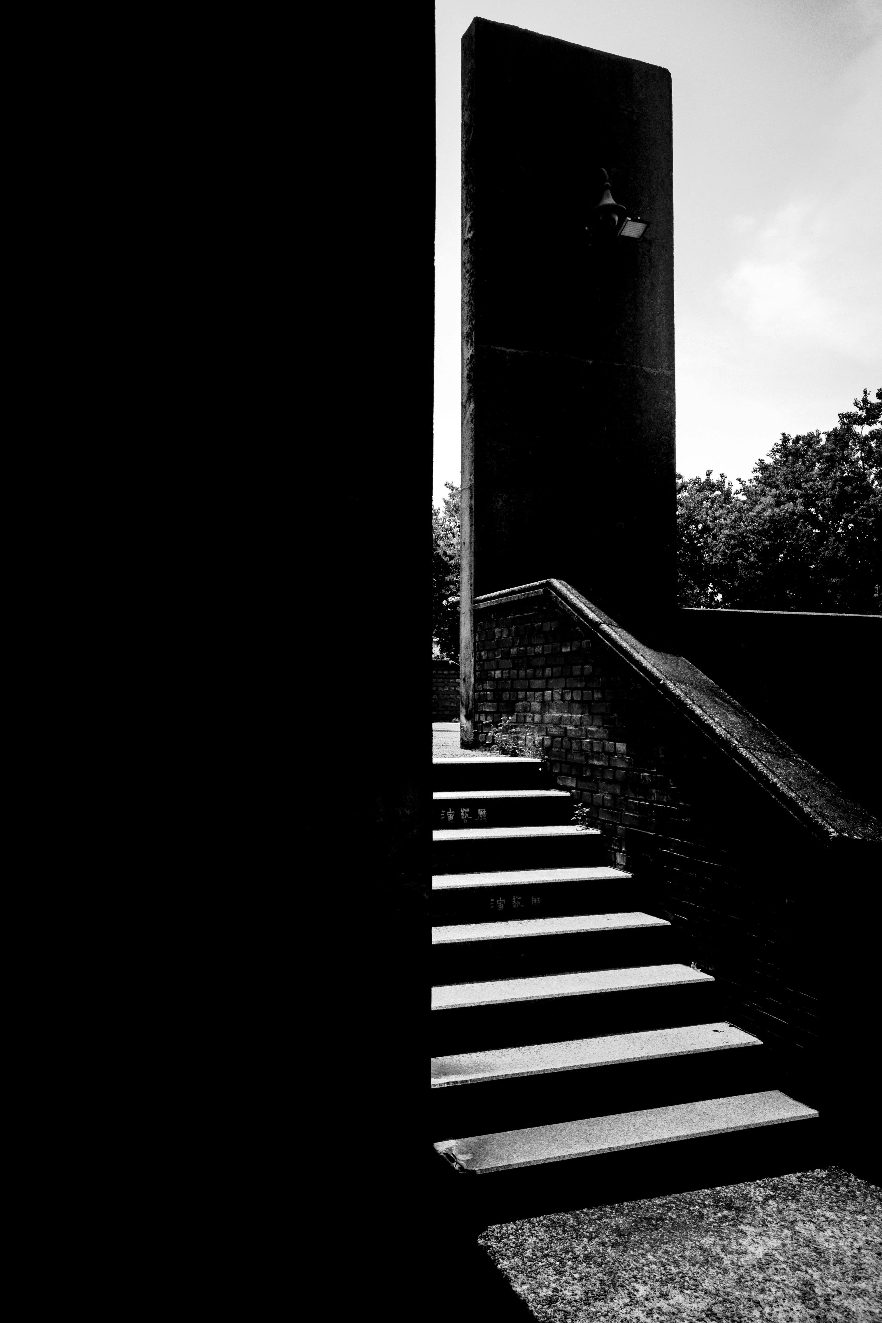 Stair rail and sharp architectural shadow.